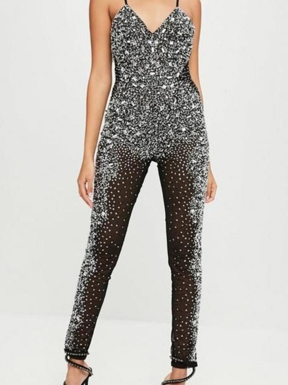Missguided Carli Bybel Embellished Black & Silver Sequin Jumpsuit